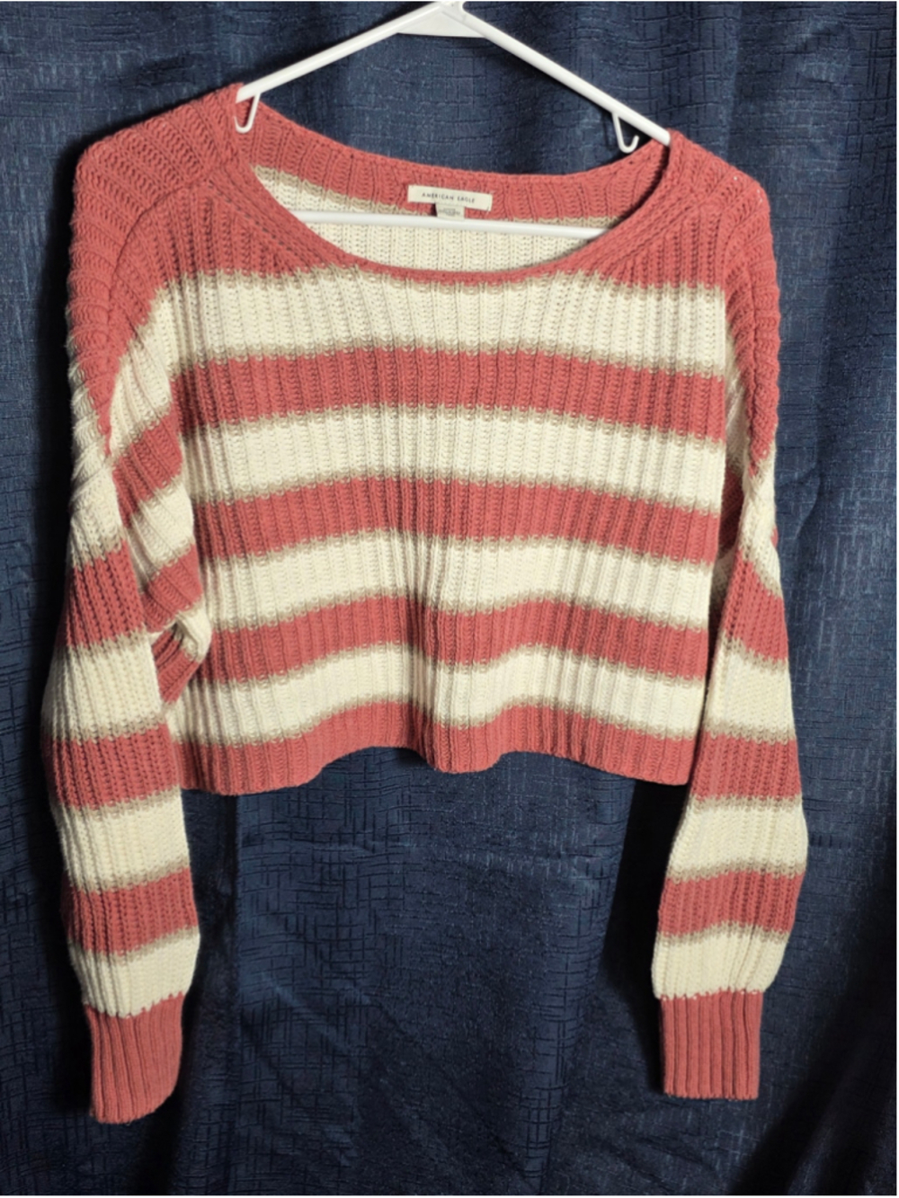 Women's American Eagle Striped Cropped Sweater Pink Mauve Cream M grandmacore